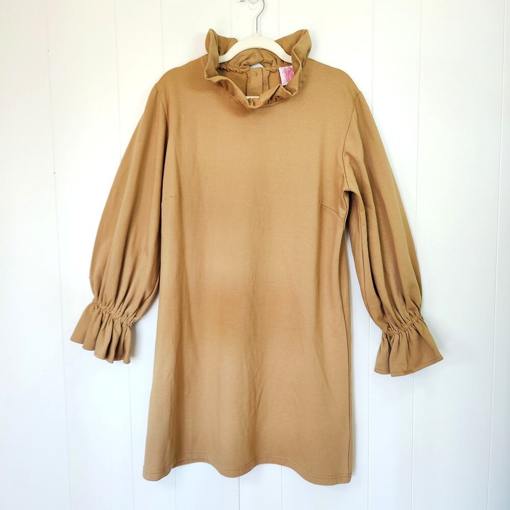 Elizabeth Wilson Ruffle Neck Shift Dress Tan Mod Minimalist L